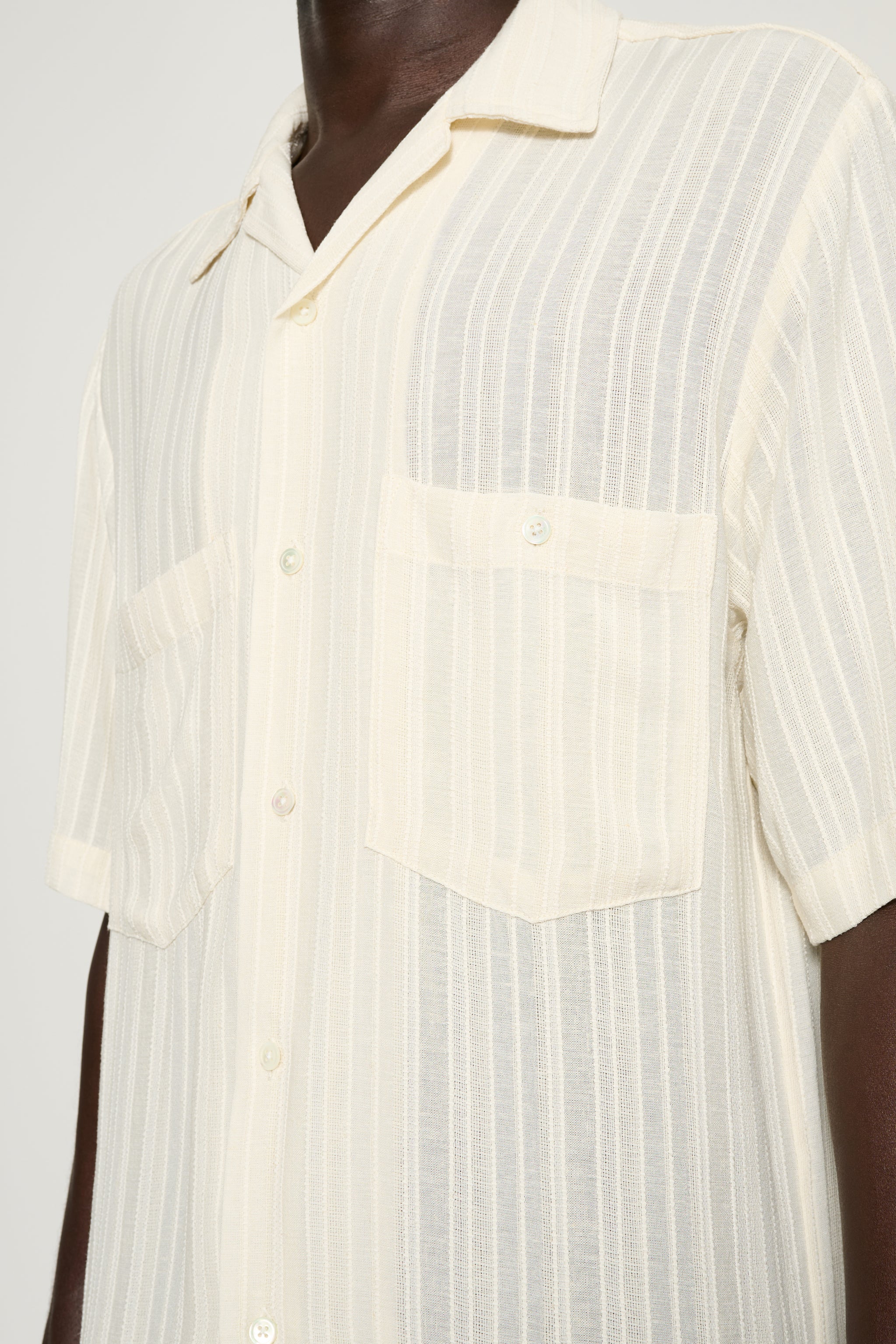 トップス CMMN SWDN Dexter Short Sleeve Shirt 46 Dexter — Stripe Camp Collar Shirt